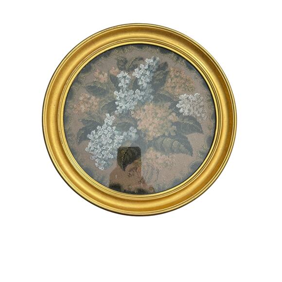 Vintage Handmade 1950s Beaded Floral Needlepoint Round Framed Set of 2 - Picture 2 of 4